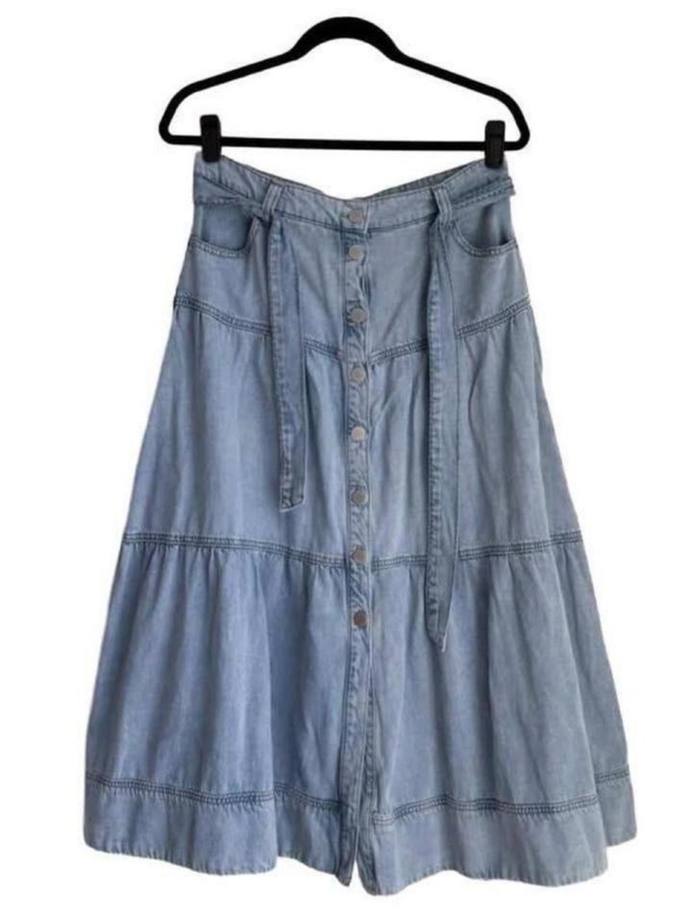 Vintage Tiered MIDI Skirt Button Front A-Line with Waist Tie pockets Y2K prairie